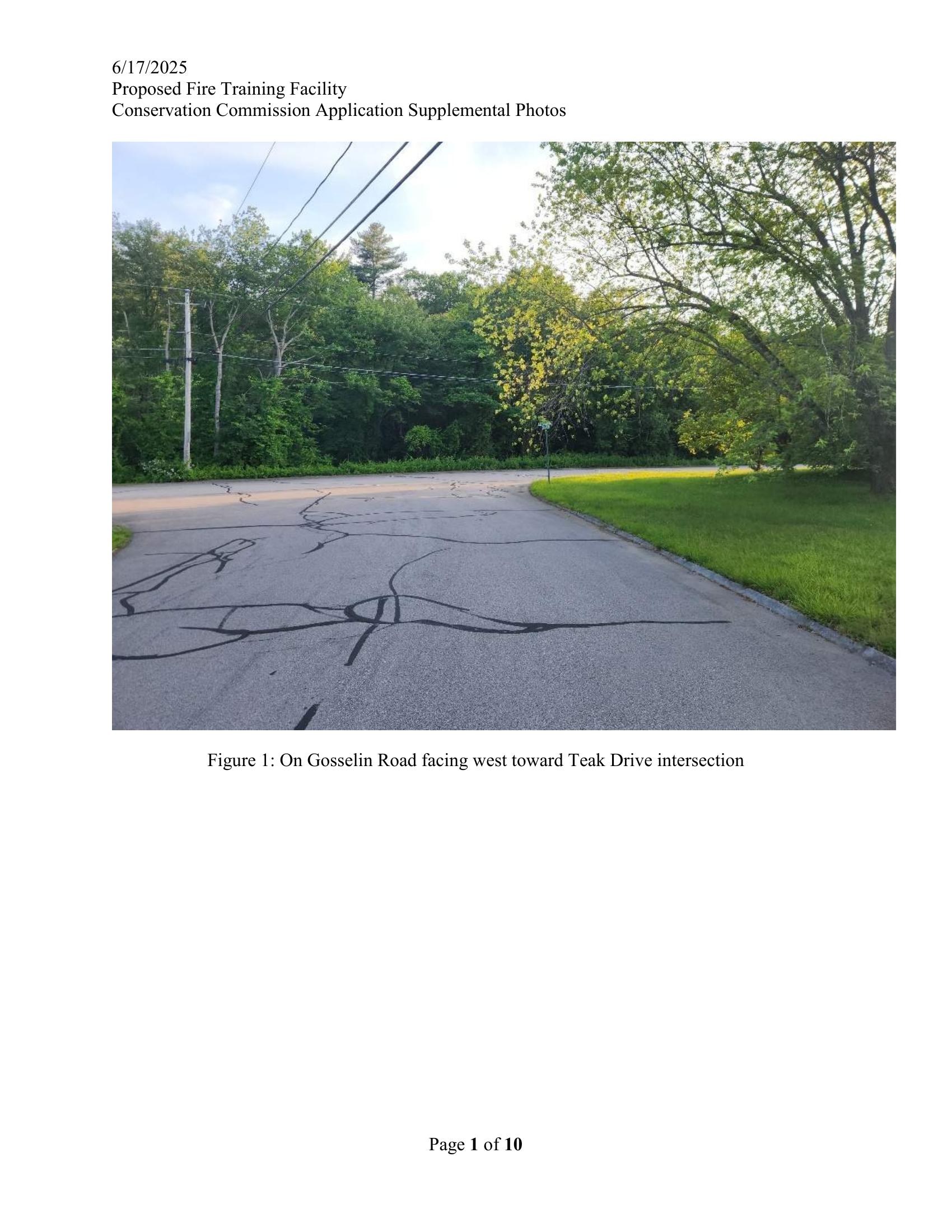 On Gosselin Road facing west toward Teak Drive intersection — the quiet residential street that would become a fire apparatus route