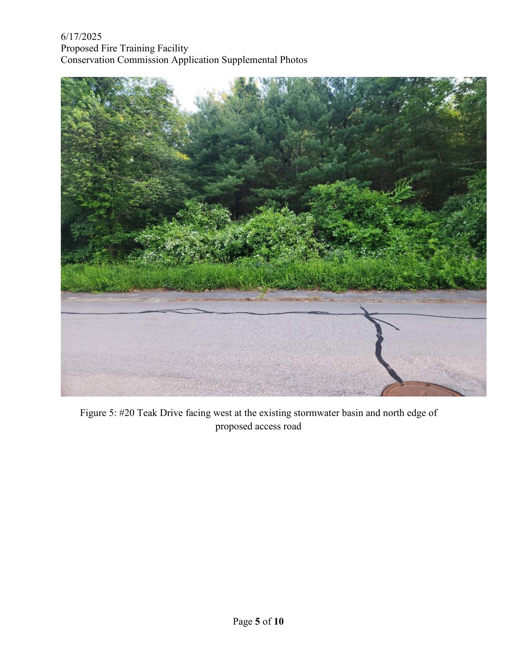 #20 Teak Drive facing west — existing stormwater basin and north edge of proposed access road