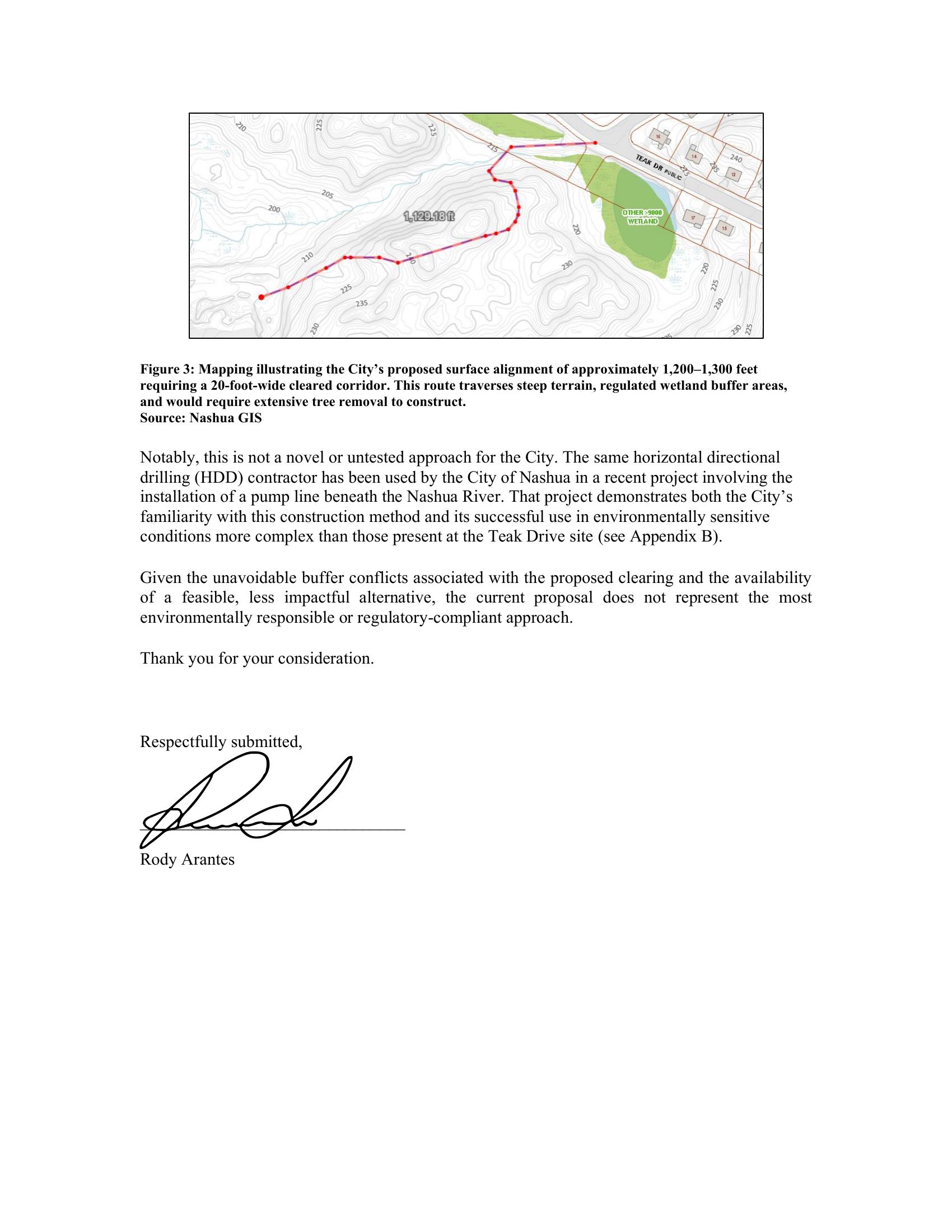 City's proposed surface route — 1,200–1,300 ft through wetland buffers requiring permanent 20-ft clearing