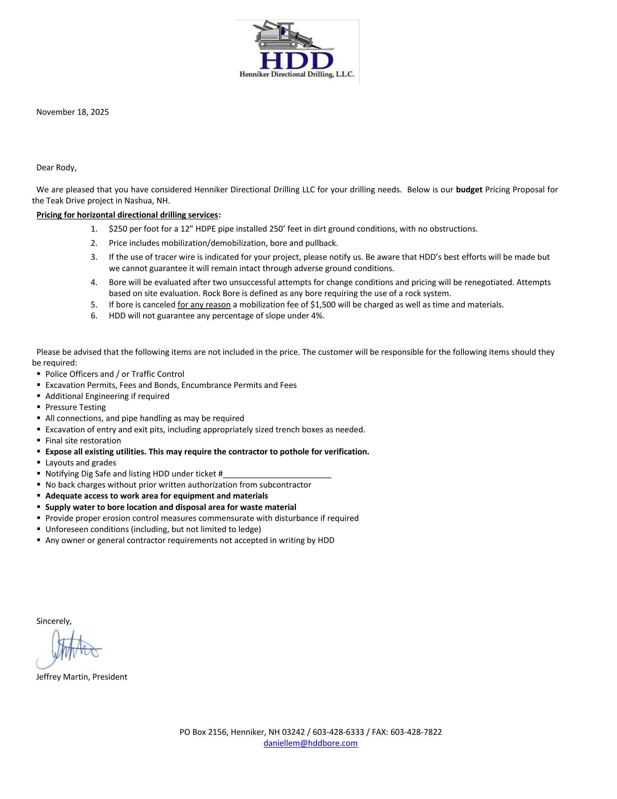 Henniker Directional Drilling budget pricing proposal — $250/ft for 12" HDPE pipe installed 250 ft in dirt ground, dated November 18, 2025, signed by Jeffrey Martin, President